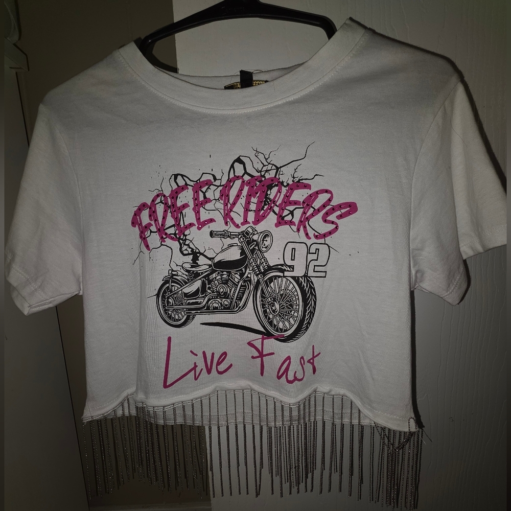 Women's White Graphic Tee with Chain Fringe